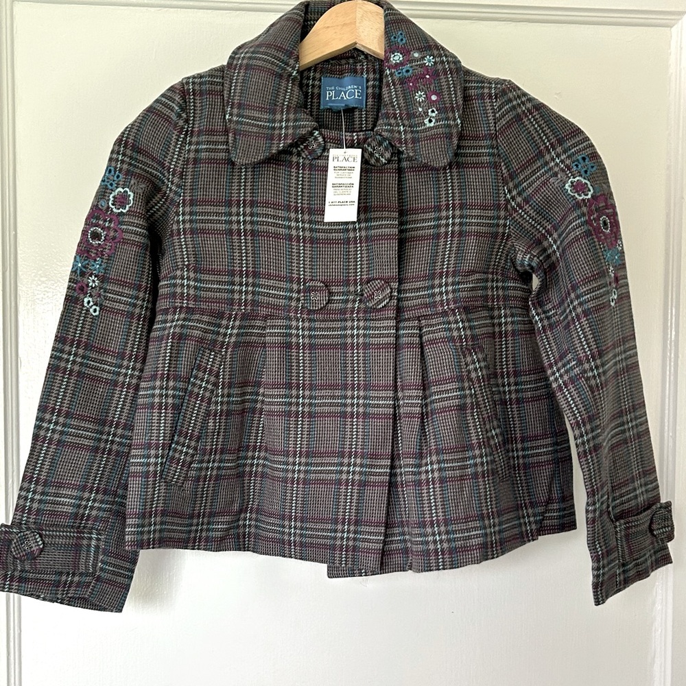 TCP CHILDRENS PLACE Swing Coat M 7/8 EMBROIDERED FLOWERS Button Up Plaid NWT
